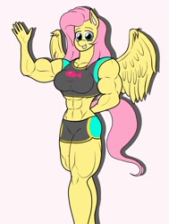 Size: 876x1161 | Tagged: safe, artist:matchstickman, fluttershy, anthro, pegasus, better together, equestria girls, forgotten friendship, abs, biceps, breasts, clothes, female, hand behind back, hand wave, hootershy, mare, muscles, muscleshy, pink background, simple background, smiling, solo, swimsuit, thunder thighs