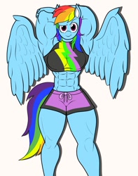 Size: 916x1160 | Tagged: safe, artist:matchstickman, rainbow dash, anthro, pegasus, better together, equestria girls, forgotten friendship, abs, armpits, biceps, board shorts, breasts, clothes, dreamworks face, female, looking at you, mare, muscles, rainboob dash, rainbuff dash, simple background, solo, swimsuit, thunder thighs