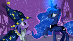 Size: 1500x843 | Tagged: safe, artist:vardastouch, princess luna, star swirl the bearded, twilight sparkle, alicorn, pony, luna eclipsed, nightmare night, scene interpretation