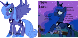 Size: 680x338 | Tagged: safe, edit, edited screencap, screencap, princess luna, alicorn, pony, luna eclipsed, season 1, season 2, artifact, comparison, female, hoof shoes, jewelry, mare, meta, peytral, s1 luna, text, tiara