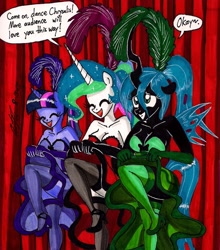 Size: 1386x1576 | Tagged: safe, artist:newyorkx3, princess celestia, queen chrysalis, twilight sparkle, anthro, changeling, changeling queen, plantigrade anthro, can-can, can-can dress, cleavage, clothes, dancing, dress, female, shoes, skirt, skirt lift, stockings, traditional art