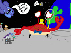 Size: 1600x1200 | Tagged: safe, artist:drakeven, princess luna, rarity, oc, alicorn, crab, pony, unicorn, curiosity, monocle, rarity fighting a giant crab, space, space core