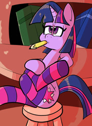 Size: 576x792 | Tagged: safe, artist:pembroke, twilight sparkle, pony, unicorn, book, clothes, crossed legs, female, golden oaks library, mare, mouth hold, pencil, sitting, socks, solo, stool, striped socks, thighlight sparkle, thunder thighs