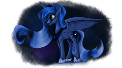 Size: 3507x1972 | Tagged: safe, artist:elanisha, princess luna, alicorn, pony, female, jewelry, mare, regalia, sad, signature, simple background, solo, white background