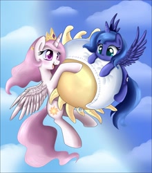 Size: 3020x3435 | Tagged: safe, artist:pridark, princess celestia, princess luna, alicorn, pony, cewestia, cute, eclipse, filly, pillow, tangible heavenly object, woona