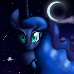 Size: 1024x1024 | Tagged: safe, artist:wojtovix, princess luna, alicorn, pony, bust, colored pupils, crescent moon, moon, night, solo, stars