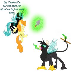 Size: 1024x1021 | Tagged: safe, derpibooru import, carrot top, gilda, golden harvest, changeling, griffon, changeling lyra, shovel