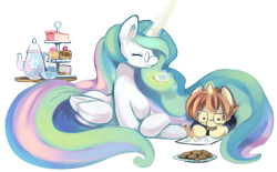 Size: 850x528 | Tagged: safe, artist:ende26, princess celestia, oc, alicorn, pony, cake, cookie, drawing, glasses, simple background, tea, teacup, teapot, transparent background