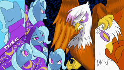 Size: 1920x1080 | Tagged: safe, artist:facelessguru, derpibooru import, gilda, trixie, griffon