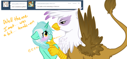 Size: 1280x597 | Tagged: safe, artist:azure-doodle, derpibooru import, gilda, lyra heartstrings, griffon, pony, ask, blushing, dialogue, female, hand, lesbian, mare, sexually confused lyra, simple background, tumblr, white background