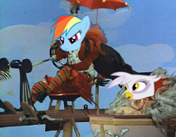 Size: 355x276 | Tagged: safe, derpibooru import, gilda, rainbow dash, griffon, pegasus, pony, crossover, h.r. pufnstuf, orson vulture, vroom broom, wilhelmina w. witchiepoo