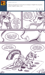 Size: 550x917 | Tagged: safe, artist:johnjoseco, princess celestia, trixie, twilight sparkle, twilight sparkle (alicorn), alicorn, pony, ask princess molestia, bait and switch, comic, grayscale, monochrome, princess molestia, twister