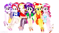 Size: 4128x2322 | Tagged: safe, artist:liaaqila, starlight glimmer, sunset shimmer, oc, oc:dawn light (ice1517), oc:dusk fire (ice1517), oc:evening glitter, oc:shadow shine, equestria girls, alternate hairstyle, barefoot, brother and sister, clothes, commission, crossed arms, crying, dress, equestria girls-ified, eyes closed, feather, feet, female, fetish, foot fetish, grin, icey-verse, jacket, jeans, laughing, lesbian, magical lesbian spawn, male, male feet, mother and child, mother and daughter, mother and son, next generation, offspring, open mouth, pants, parent and child, parent:starlight glimmer, parent:sunset shimmer, parents:shimmerglimmer, shimmerglimmer, shipping, shirt, shorts, siblings, simple background, sisters, skirt, sleeveless, smiling, t-shirt, tears of laughter, tickle torture, tickling, traditional art, twins, wall of tags, white background