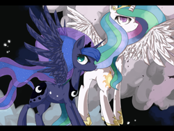 Size: 800x600 | Tagged: safe, artist:dreishzu, princess celestia, princess luna, alicorn, pony, crown, female, horn, mare, siblings, sisters