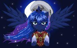 Size: 3263x2051 | Tagged: safe, artist:halotheme, princess luna, alicorn, pony, blushing, heart, looking at you, solo, spread wings