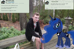 Size: 1024x682 | Tagged: safe, artist:venom2204, princess luna, human, acne, brony, clothes, crocs, glasses, interspecies, irl, irl human, mohawk, not this guy again, op is a cuck, photo, photoshop, ponies in real life, shorts, sweatshirt, text