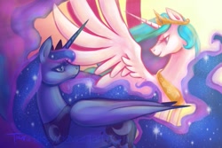 Size: 713x475 | Tagged: safe, artist:tiikay, princess celestia, princess luna, alicorn, pony, crown, female, horn, mare, siblings, sisters