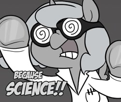 Size: 665x561 | Tagged: safe, artist:egophiliac, edit, princess luna, alicorn, pony, cute, doctor woonsano, dr. insano, goggles, grayscale, monochrome, moonstuck, science, science woona, simple background, solo, woona