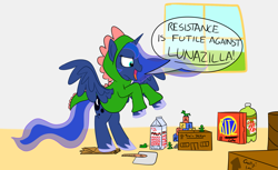 Size: 2033x1245 | Tagged: safe, artist:rapidstrike, princess luna, alicorn, kaiju, pony, costume, godzilla, godzilla (series), playing, rearing, solo