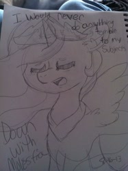 Size: 500x669 | Tagged: safe, artist:doodleanswers, princess celestia, alicorn, pony, down with molestia, drama, photo, traditional art