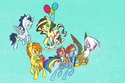 Size: 1095x730 | Tagged: safe, artist:syntactics, derpibooru import, featherweight, gilda, rainbow dash, scootaloo, soarin', spitfire, oc, griffon, pegasus, pony, balloon