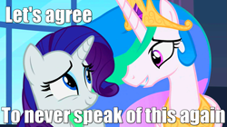 Size: 1265x709 | Tagged: safe, princess celestia, rarity, alicorn, pony, unicorn, image macro, meta, reaction image, text