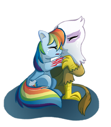 Size: 500x573 | Tagged: safe, artist:butterscotch25, derpibooru import, gilda, rainbow dash, griffon, pegasus, pony, fanfic, feather