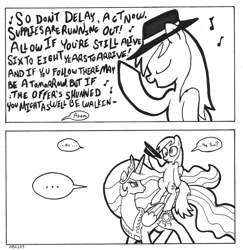 Size: 972x1000 | Tagged: safe, artist:abronyaccount, derpy hooves, princess celestia, alicorn, pegasus, pony, comic, fedora, female, hat, lineart, lyrics, mare, monochrome, moonwalk, singing, smash mouth, song reference, walkin on the sun