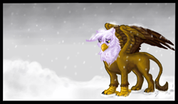 Size: 600x350 | Tagged: safe, artist:annawolfe, derpibooru import, gilda, griffon, crying, sad, snow, snowfall, solo