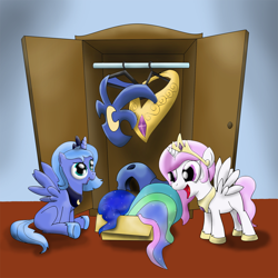 Size: 1000x1000 | Tagged: safe, artist:cyb3rwaste, princess celestia, princess luna, alicorn, pony, armor, box, filly, wardrobe, wig