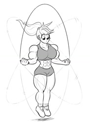 Size: 829x1131 | Tagged: safe, artist:matchstickman, applejack, human, abs, applejacked, applerack, biceps, breasts, clothes, deltoids, female, humanized, jump rope, jumping, monochrome, muscles, shoes, simple background, solo, thunder thighs, white background, workout, workout outfit