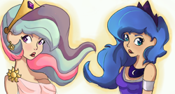 Size: 1280x685 | Tagged: safe, artist:berryden, princess celestia, princess luna, clothes, humanized, looking at you