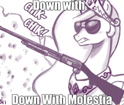 Size: 640x542 | Tagged: safe, artist:johnjoseco, edit, princess celestia, alicorn, pony, down with down with molestia, down with molestia, drama, gun, image macro, princess molestia, shotgun, solo