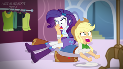 Size: 8000x4500 | Tagged: safe, artist:metalhead97, applejack, rarity, equestria girls, angry, barefoot, boots, boxing ring, clothes, cowboy hat, denim skirt, feet, female, fetish, foot fetish, foot worship, hat, lesbian, licking, licking foot, miniskirt, patrick star, rarijack, rarity's fetish, screaming, shipping, shoes, show accurate, skirt, sock, spongebob squarepants, sports, stetson, the fry cook games, this is personal, tongue out, wrestling