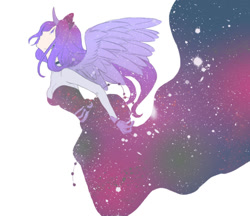 Size: 770x666 | Tagged: safe, artist:zoe-productions, princess luna, clothes, dress, horned humanization, humanized, simple background, solo, space, surreal, the cosmos, winged humanization