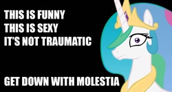 Size: 1024x549 | Tagged: safe, edit, princess celestia, alicorn, pony, dance party, down with molestia, drama, fixed, get down with molestia, improvement, inverted mouth, princess molestia, text