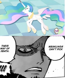 Size: 1000x1192 | Tagged: safe, edit, edited screencap, screencap, princess celestia, alicorn, pony, a canterlot wedding, manga, one piece, sad but true, trafalgar d. water law