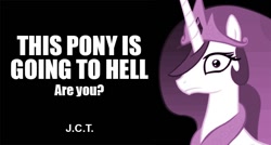 Size: 720x386 | Tagged: safe, princess celestia, alicorn, pony, chick tract, down with molestia, drama, jack chick, parody, princess molestia, religion, solo