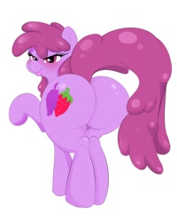 Size: 1024x1280 | Tagged: safe, artist:digitaldomain123, berry punch, berryshine, bedroom eyes, blushing, commission, drunk, female, kiss my ass, lips, looking at you, looking back, plot, raised hoof, simple background, smiling, solo, the ass was fat, white background