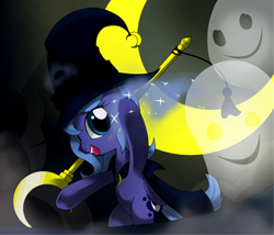 Size: 1400x1200 | Tagged: safe, artist:hoyeechun, princess luna, alicorn, pony, chibi, crossover, moon, puella magi madoka magica, wand, witch, woona