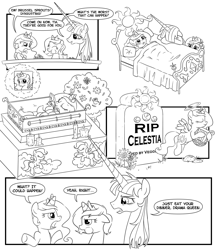 Size: 1300x1500 | Tagged: safe, artist:sketchyjackie, princess celestia, princess luna, oc, oc:fausticorn, alicorn, pony, brussel sprouts, cewestia, coffin, comic, death, eating, filly, funeral, grave, imagination, lauren faust, monochrome, woona