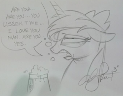 Size: 676x530 | Tagged: safe, artist:andypriceart, princess luna, alicorn, pony, cider, commission, drunk, monochrome, solo, traditional art