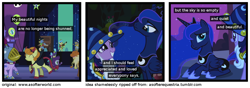 Size: 1200x420 | Tagged: safe, edit, edited screencap, screencap, carrot top, golden harvest, princess luna, sea swirl, seafoam, spike, twilight sparkle, alicorn, dragon, pony, luna eclipsed, a softer world, clothes, costume, nightmare night, nightmare night costume, screencap comic, star swirl the bearded costume