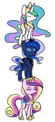 Size: 700x1550 | Tagged: safe, artist:ikyukyu, princess cadance, princess celestia, princess luna, alicorn, pony, levitation, physically impossible, standing, tower of pony