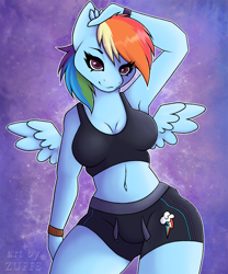 Size: 800x960 | Tagged: safe, artist:zuffs, rainbow dash, anthro, pegasus, adorasexy, armpits, belly button, breasts, clothes, cute, female, mare, midriff, rainboob dash, sexy, shorts, small wings, solo, sports bra, sports shorts, thunder thighs, wide hips, wings