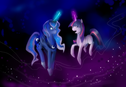 Size: 1100x761 | Tagged: safe, artist:skyeypony, princess luna, twilight sparkle, alicorn, pony, unicorn, duo, duo female, female, mare