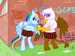 Size: 889x667 | Tagged: safe, artist:tristikov, derpibooru import, gilda, rainbow dash, griffon, pegasus, pony, bipedal, cigarette, clothes, delinquent, graffiti, school uniform, smoking, vulgar