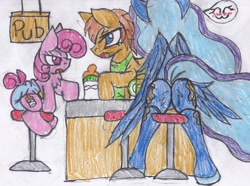 Size: 2513x1869 | Tagged: safe, artist:cuddlelamb, princess luna, oc, alicorn, pony, baby, baby bottle, baby pony, diaper, male to female, plot, pub, rule 63, the ass was fat, traditional art