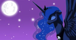 Size: 1202x626 | Tagged: dead source, safe, artist:llavash, princess luna, alicorn, pony, eyes closed, moon, solo