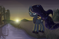 Size: 1500x1000 | Tagged: dead source, safe, artist:denial-is-tragic, princess luna, alicorn, pony, river, solo, tree